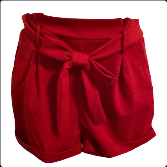 Tie belted, cuffed stretchy paper bag shorts - Picture 1 of 5